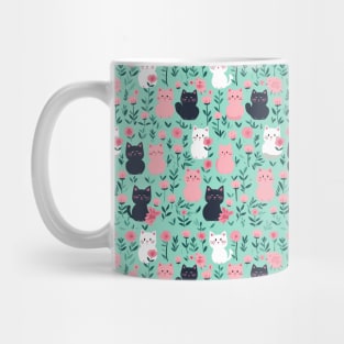Cute Cats and Flowers Pattern: Pink and Mint Mug